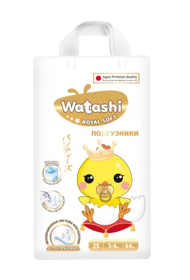 Watashi royal soft детские одноразовые подгузники 2 s 3-6 кг mega pack 64 шт 