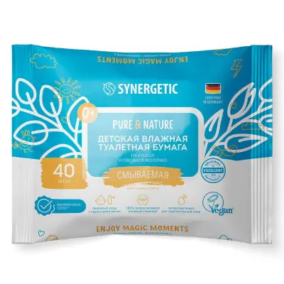 Synergetic детская влажная туалетная бумага pure nature пантенол и овсяное молочко 40 шт 