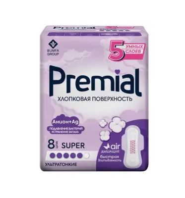 Premial прокладки женские гигиенические с крылышками super wings хлопковая поверхность 8 шт 