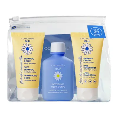 Camomilla Blu travel набор для чувствительной кожи шампунь кондиционер гель для умывания лица и тела 