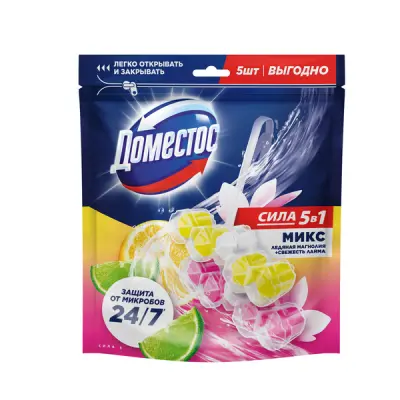 Доместос сила 5в1 блок для унитаза свежесть лайма и ледяная магнолия защита от микробов и налета 2X50+3X50 гр 