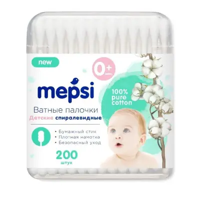 Mepsi детские ватные палочки спиралевидная намотка 200 шт 