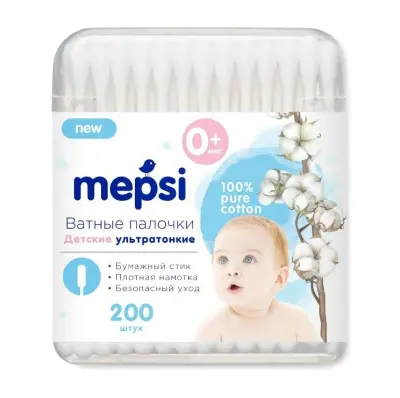 Mepsi детские ватные палочки ультратонкие 200 шт 
