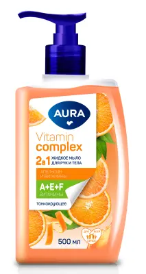 Aura vitamin complex жидкое мыло 2 в1 для рук и тела апельсин и витамины флакон дозатор 500 мл 