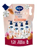 Aura pure cotton жидкое мыло 2 в1 для рук и тела миндаль и хлопковое молочко дой пак 1200 мл