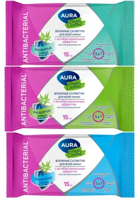 Aura tropic cocktail антибактериальные влажные салфетки 15 шт в ассортименте 