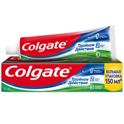 Colgate зубная паста тройное действие натуральная мята для защиты от кариеса удаления потемнений с зубов и свежего дыхания 150 мл 