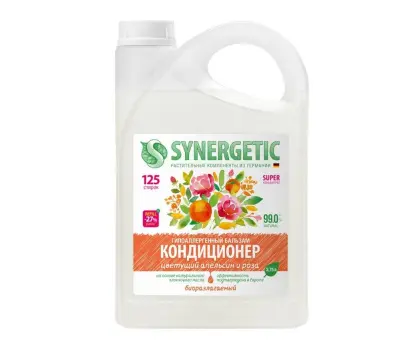 Synergetic биоразлагаемый концентрированный гипоаллергенный бальзам кондиционер для белья цветущий апельсин и роза 3,75 л 