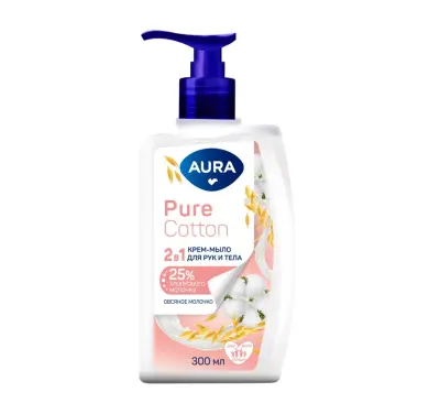Aura Pure cotton крем мыло 2 в1 для рук и тела хлопок и овсяное молоко флакон дозатор 300 мл 