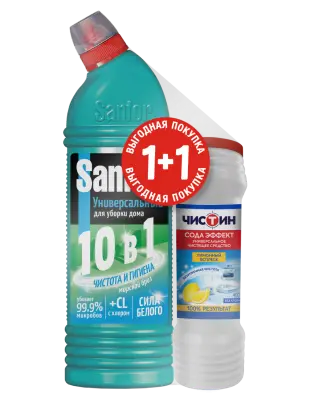 Набор sanfor universal 10 в1 средство для чистки и дезинф морской бриз 750 мл+чистин 400 лимонный всплеск промо 