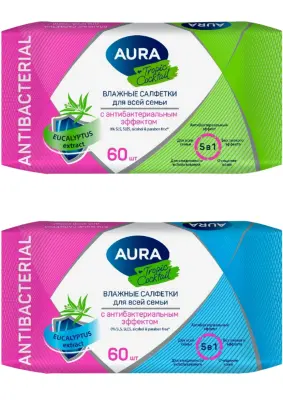 Aura tropic cocktail антибактериальные влажные салфетки 60 шт в ассортименте 