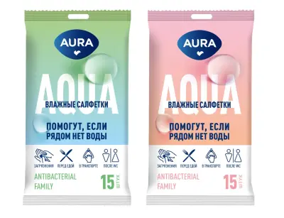 Aura влажные салфетки с антибактериальным эффектом beauty family 15 шт 