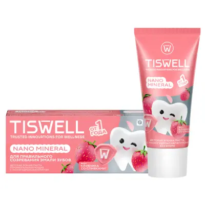 Tiswell зубная паста детская реминерализующая с наногидроксиапатитом без фтора клубника со сливками от кариеса 1+ 60 гр 
