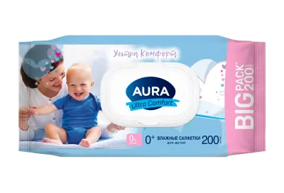 Aura ultra comfort влажные салфетки для детей 200 шт с крышкой 