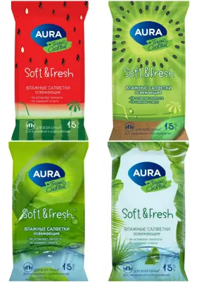 Aura tropic cocktail освежающие влажные салфетки 15 шт в ассортименте 