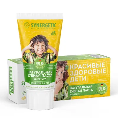 Synergetic детская зубная паста клубничка и банан от 3 до 6 лет желтая 50 гр 