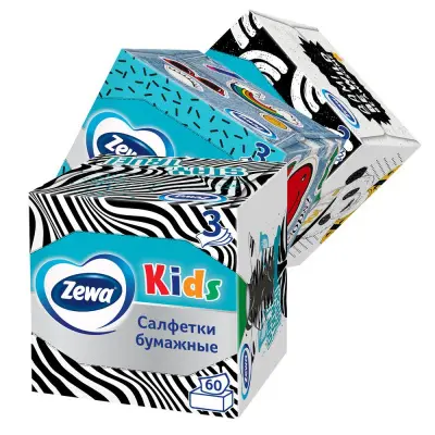 Zewa салфетки для лица 3 х слойные kids зоопарк 60 шт куб 