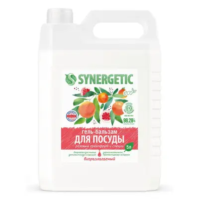 Synergetic биоразлагаемый гель бальзам для мытья посуды и детских игрушек розовый грейпфрут и специи 5 л 
