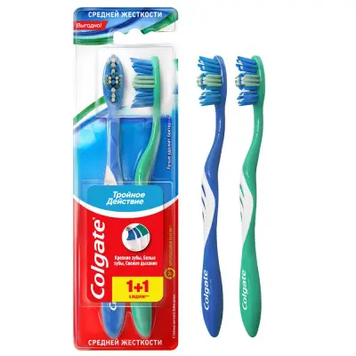 Colgate зубная щетка тройное действие многофункциональная средней жесткости промоупаковка 1+1 