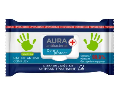 Aura влажные салфетки антибактериальные derma protect ромашка big pack с крышкой 72 шт 