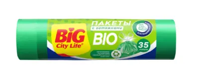 BIG City Пакеты для мусора с затяжками BIO 35л зеленые 15 шт 