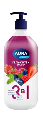 Aura family гель смузи для душа 3 в1 малина черника земляника new флакон дозатор 1000 мл 