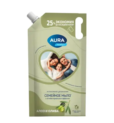 Aura family жидкое мыло с антибактериальным эффектом олива и сок алоэ дой пак 1000 мл 